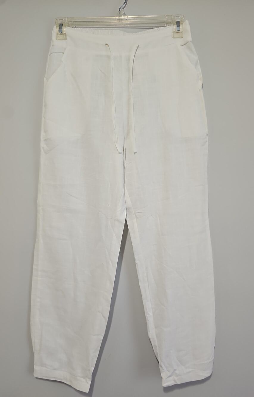 New Fashion Cotton Linen Blend Pants Womens Medium White Straight Leg Coastal